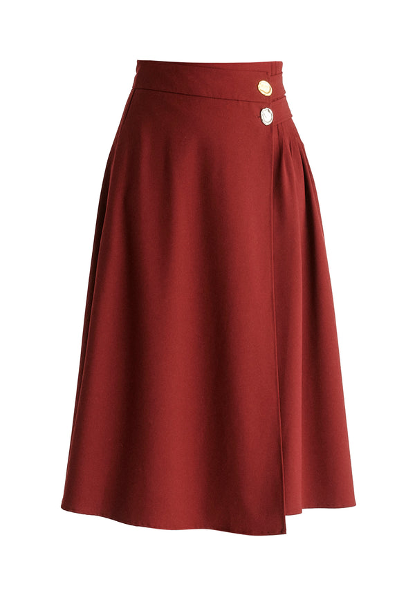 Wrap Midi Skirt with Pleated Detail in Burgundy Cutout